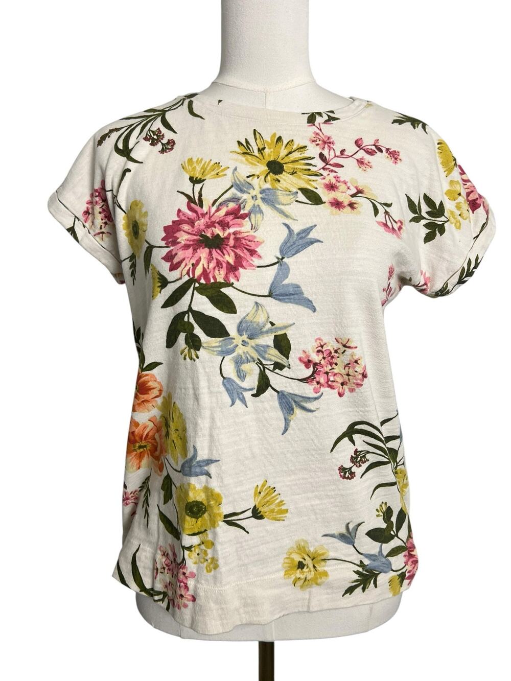 LOFT Floral Cotton Tee White Multicolor Garden Print Short Sleeve XS